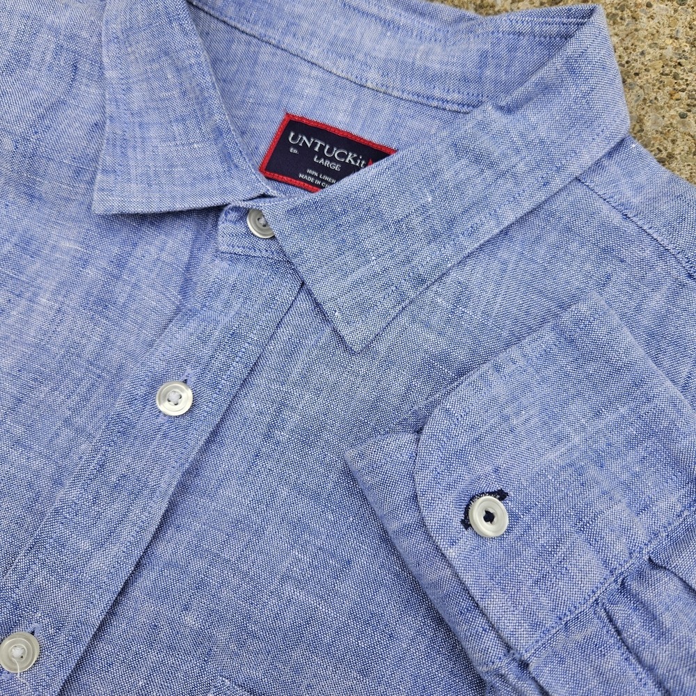 UNTUCKit Mens Large Blue Linen Long Sleeve Button Up Dress Shirt Preppy Classy - Picture 1 of 4